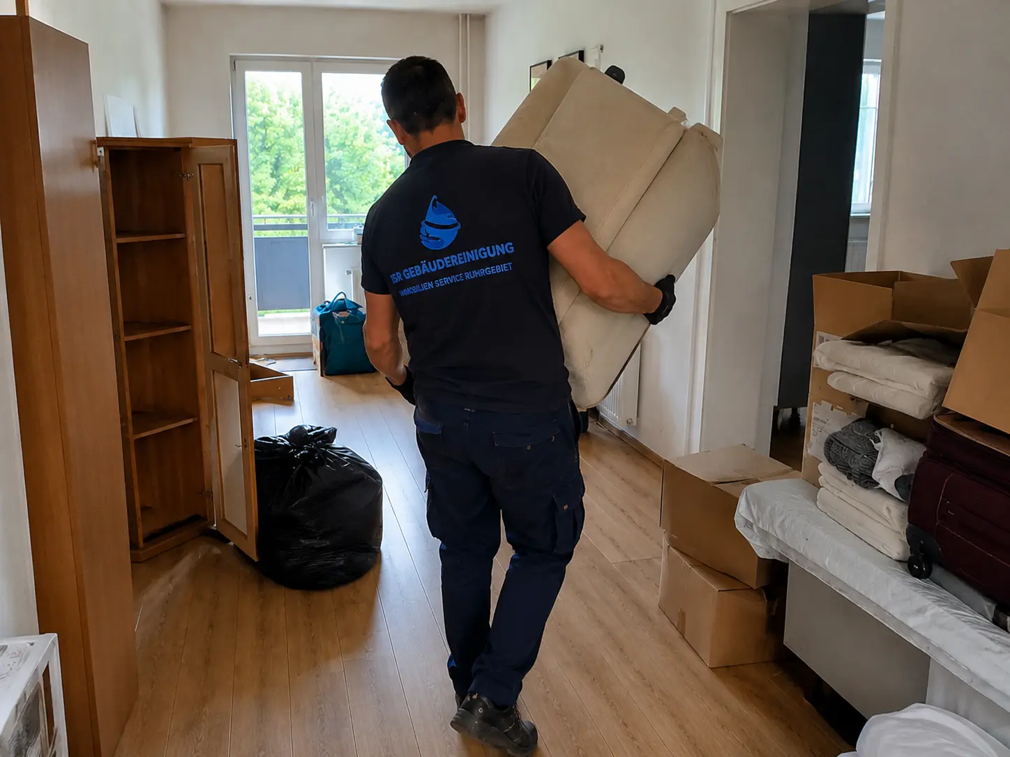 Mitarbeiter trägt ein Sofa aus einer Wohnung bei der Wohnungsauflösung