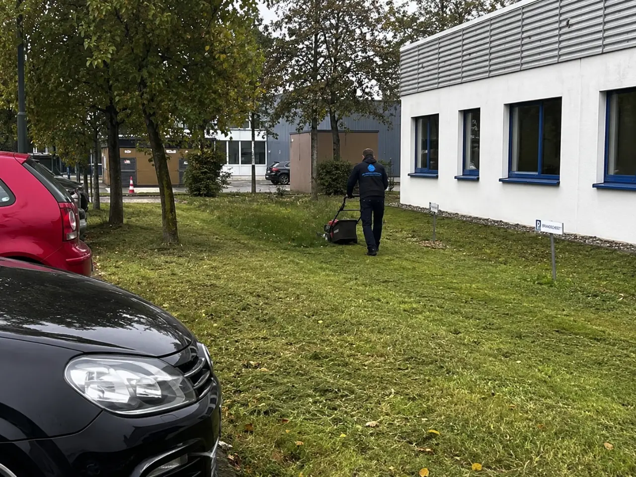 Rasenfläche vor einem Gewerbeobjekt wird gemäht