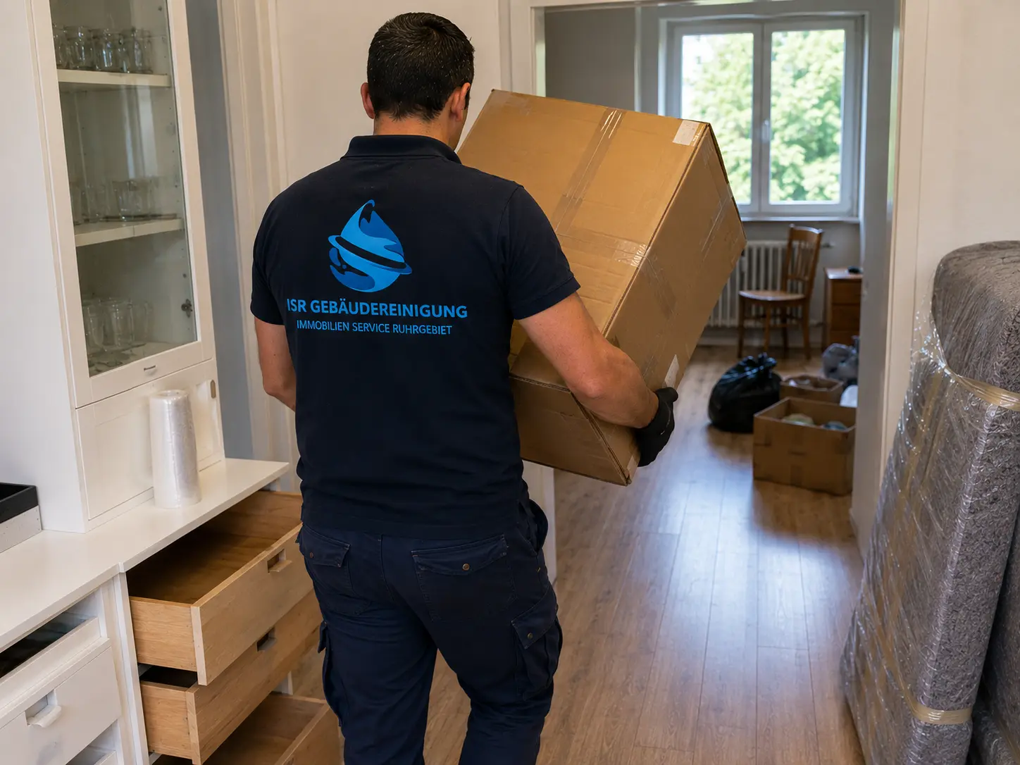 Mitarbeiter trägt einen Umzugskarton aus einer Wohnung bei einer Haushaltsauflösung