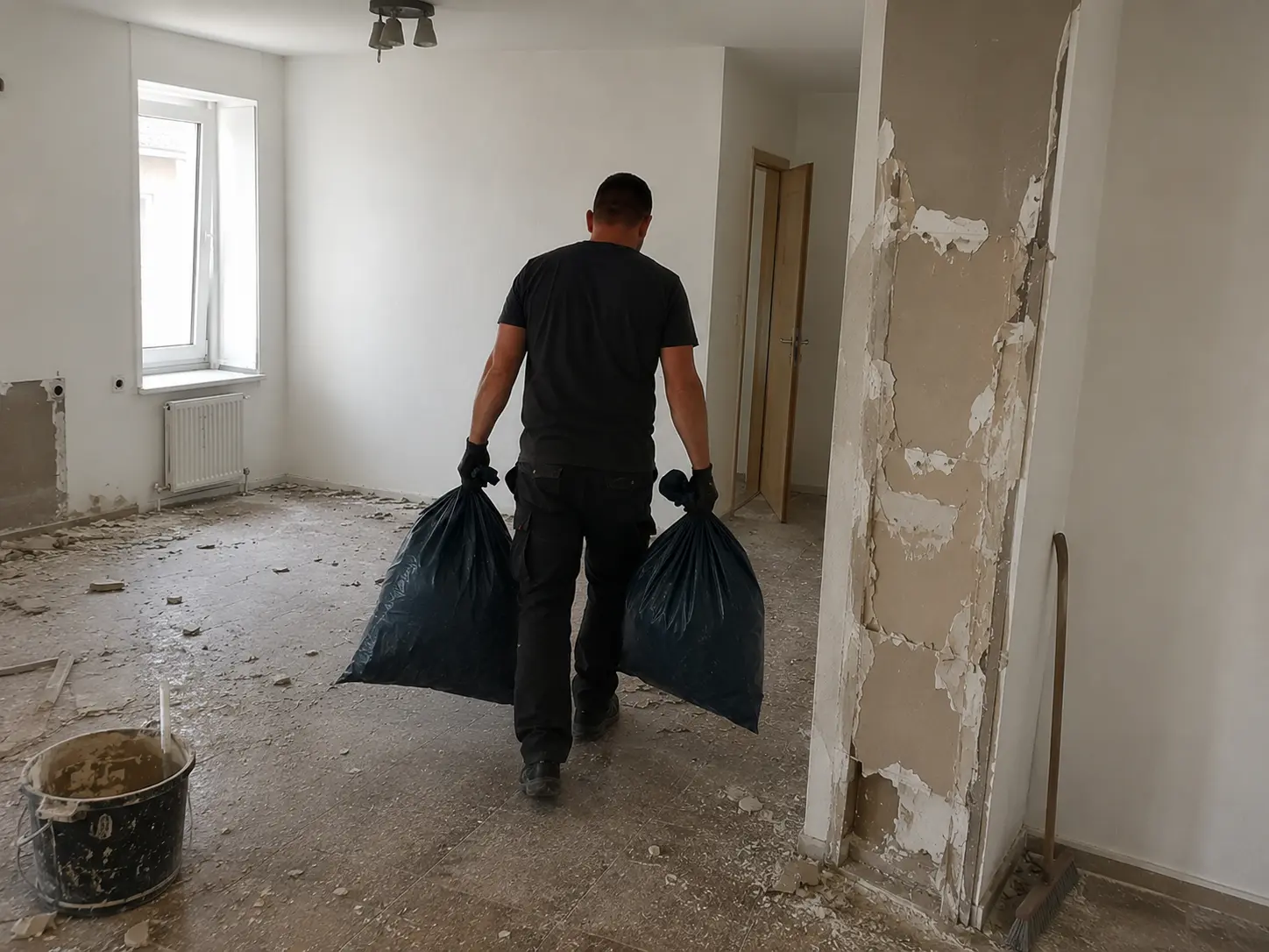 Mitarbeiter trägt Säcke mit Bauschutt aus einem Raum